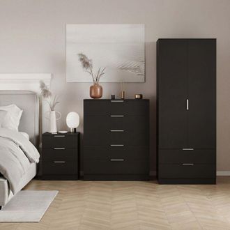 Home Discount Trega Bedroom Furniture Set 3pc - 3 Drawer Bedside, 5 Drawer Chest & 2 Door Wardrobe, Black