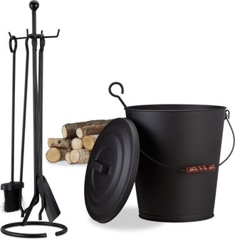 Relaxdays Juego De Chimenea De 6 Piezas, Cubo Para Cenizas, Set De 5 Herramientas, Pala, Cepillo, Atizador, Tenazas, Negro