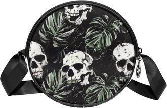 Generic Circle Crossbody Bag for Women, Skulls Small Sling Bag Daypack with Zipper Adjustable Shoulder Straps Casual Ladies Girls Round Purse