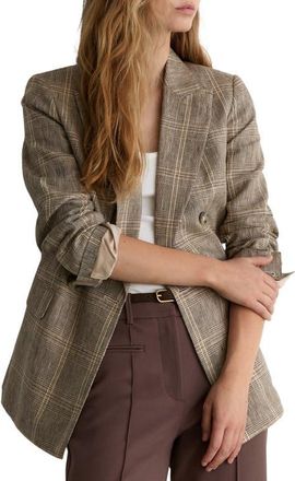 Reiss Sybil Check Double Breasted Linen Blazer in Neutral Check at Nordstrom, Size 12
