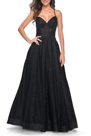 La Femme A-Line Prom Dress with Sequin Lining and Illusion Top in Black at Nordstrom, Size 00