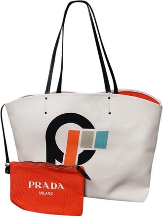 Prada White Printed Canapa Tote Bag Size L