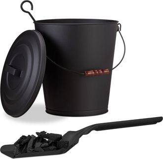 Relaxdays Juego De Limpieza Para Chimeneas 2 Piezas, Cubo De Cenizas, Pala, Acero, Tapa, Asa, Mango De Madera, 24 L, Negro