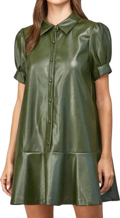 Fate Short Puff Sleeve Faux Leather Dress In Olive