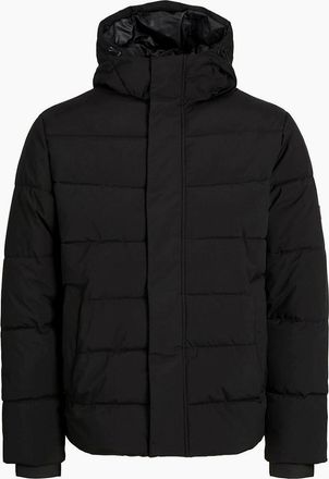 Jack & Jones Mens Solid Patterned Hooded Ribbed Cuff Puffer Jacket - Black - Size: 44/Regular