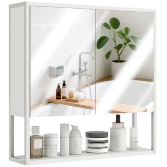HOMCOM Industrial Bathroom Cabinet With 2 Mirrored Doors Open Shelf - White | TJ Hughes