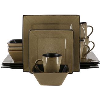 Gibson Home Kiesling 16 Piece Hard Square Stoneware Dinnerware Set in Taupe and Black