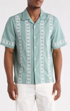 Wax London Didcot Embroidered Cotton & Linen Camp Shirt in Sea Green/ecru at Nordstrom, Size Xx-Large
