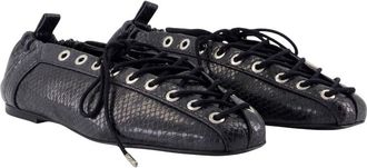 Ganni Womens Python Embossed Lace-Up Ballerina Black