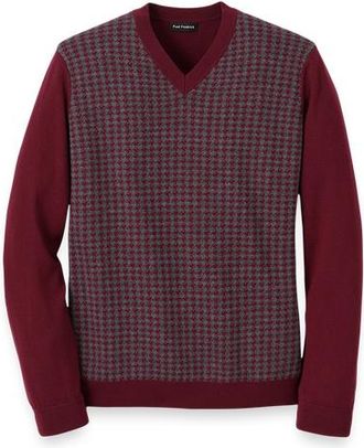 Paul Fredrick Washable Merino Wool Houndstooth V-neck Sweater in Burgundy at Nordstrom, Size Xx-Large