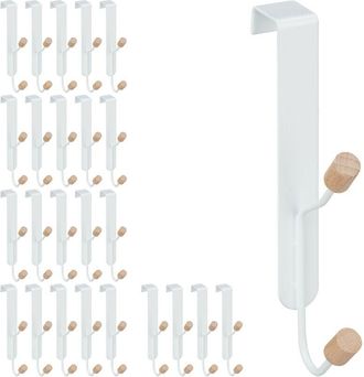 Relaxdays Relaxdays Set of 25 Door Double Hooks, Scandinavian, Iron & Wood, Hanging Coat Rack HxWxD: 16 x 2 x 7 cm, White/Natural
