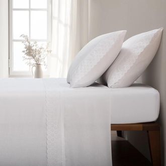 Casa da Laura S&aacute;banas 100% algod&oacute;n 200 hilos bordado blanco cama 135/140 2 almohad
