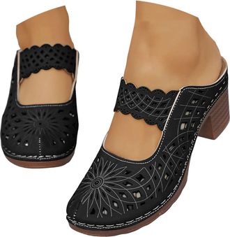 Generic Women Closed Round Toe Floral Cut Out Backless Platform Mules Chunky Super High Heel Slip on Stylish Dress Club Slide Sandals Retro Slip On Comfort Mu