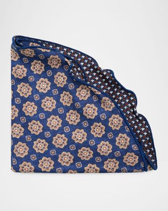 Edward Armah Mens Reversible Houndstooth to Medallion Silk Pocket Circle