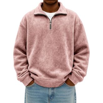 Generic Quarter Zip Up Sweatshirts Fleece Jacket Mens Thermal Loose Fit Pullover Stand Collar Shirts Fashion Casual Sweatshirt Winter Warm Sweaters 1/4 Zipper