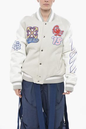 Off-white Wool Bomber with Leather Sleeves and Patches Off-White