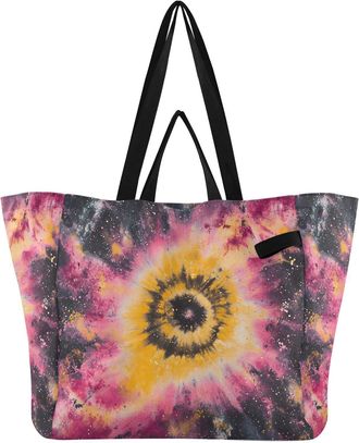 Generic Pink Golden Tie Dye print Reusable Canvas Tote Bag, Heavy Duty Grocery Shopping Bag with Double Handles Hard Bottom Large Capacity Work Groceries Trav