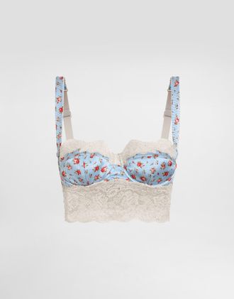 Dolce & Gabbana Small Rose-print Satin And Lace Balconette - Woman Underwear Multicolor 1b