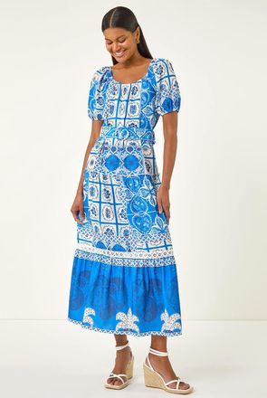 Roman Abstract Border Belted Midi Dress