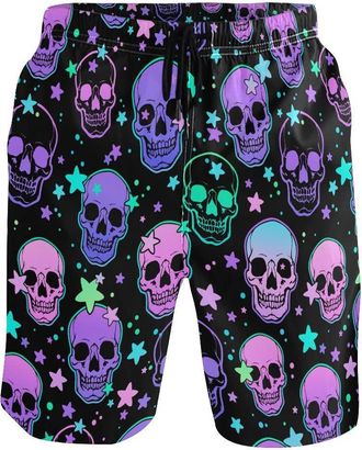 Alaza Beach Shorts, Stars Purple Skulls Mens Trunks Swim Shorts Quick Dry with Pockets for Summer Surfing Boardshorts Gym Outdoor Water Sports, Large