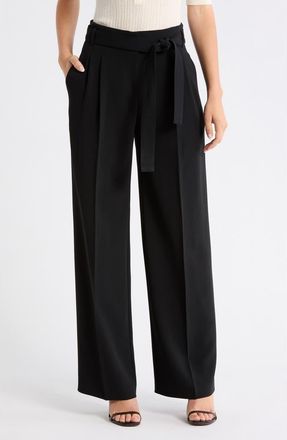 BOSS Tapiana Pleated Tie Waist Straight Leg Pants in Black at Nordstrom Rack, Size 12