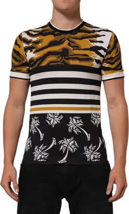 Dolce & Gabbana Multicolor Leopard Palm Leaf Men Crew Neck Mens T-shirt