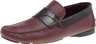 Versace Burgundy Monogram Embossed Leather Slip On Loafers