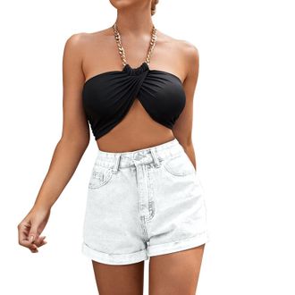 Generic Womens Denim Shorts with Pockets - High Waisted Mom Jeans Shorts, Stretchy Slim Fit, Turned Frayed Hem, Casual Summer Streetwear, Boyfriend Style, Ver