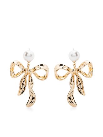Self Portrait bow earrings - women - Brass/Pearl - One Size - Gold