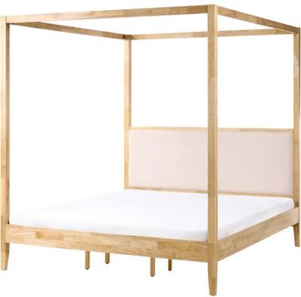 Beliani Cama Con Dosel Minimalista De Madera 160 X 200 Cm Cabecero Tapizado Beige Marr&oacute;n Claro Haillicourt