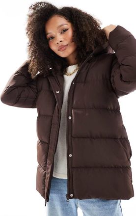 Threadbare mid length puffer jacket in brown