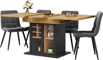 STILVORA Mesa De Comedor Para 4 A 6 Personas Extensible Con Botellero Extra&iacute;ble Y Puerta De Vidrio Negro