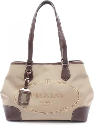 Prada Beige Brown Canvas Leather Handbag Tote Bag (Pre-Owned)