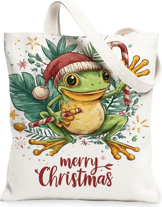 Generic Christmas Amphibian Canvas Tote Bags, Animal Plant Pattern Reusable Grocery Bags, Vintage Lightweight Washable Shoulder Str, White, 13x15 Inch