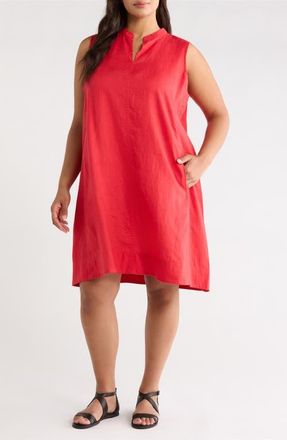 Eileen Fisher Split Neck Organic Linen Shift Dress in Grenadine at Nordstrom, Size 3 X