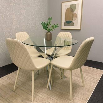 Kosy Koala Modern Round Glass Dining Table Set With 4 Cream Gem Pattern Chairs