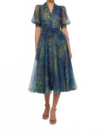 Theia Winnie Puff Sleeve Midi Shirt Dress In Green