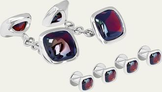 Tateossian Mens Silver Red Garnet Cufflinks and Shirt Studs Set