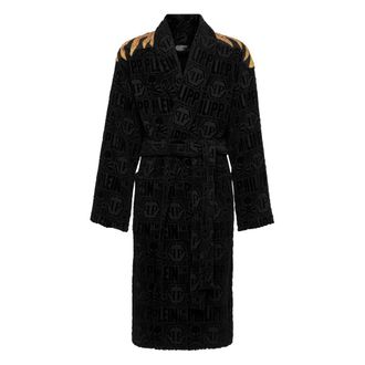 Philipp Plein Golden Eagle-print Bead-Embellished Cotton Bathrobe - unisex - Badjassen - Zwart - L/Xl - Katoen - Nachtkleding