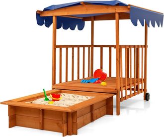Costway Costway Arenero Para Ni&ntilde;os Con Casa De Juegos, Toldo, Ruedas Traseras, Barandillas De Seguridad, Arenero Para Ni&ntilde;os Para Patio Y Playa (con Ruedas)