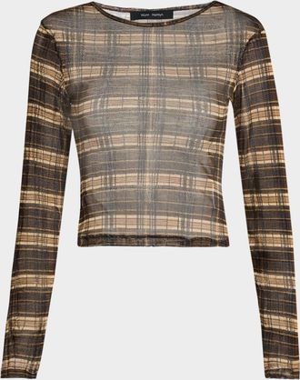 Wynn Hamlyn Plaid Silk-Mesh Long-Sleeve Top