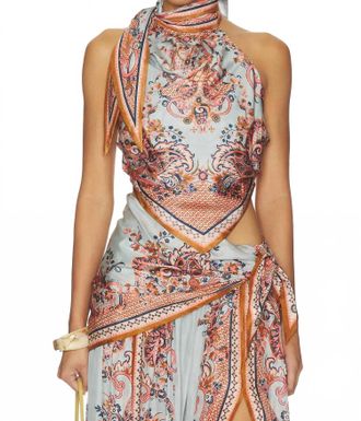 Zimmermann Aster Scarf Bodice Top In Blue Paisley Floral