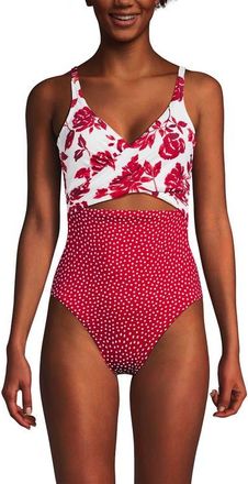 Lands End Wrap Monokini High Leg One Piece Swimsuit in Red Dot/red Graphic Floral at Nordstrom, Size 10