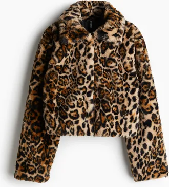 H&M Flauschige Kurzjacke - Braun/Leopardenprint