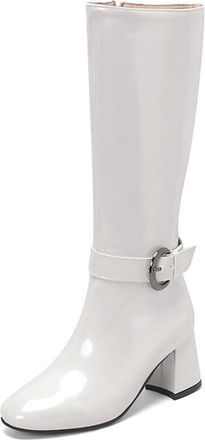 Generic Womens Square Toe Block Heel Shiny Metallic Knee High Riding Boots with Side Zipper and Buckle Strap Decor (White,7.5)