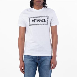 Versace 90s Logo Embroidered Cotton T Shirt, Size Medium