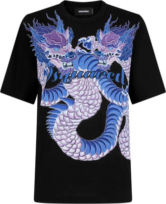 Dsquared2 dragon-print cotton T-shirt - women - Cotton - S - Black