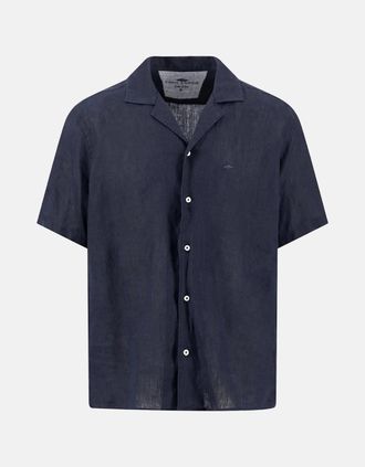 Fynch-Hatton Mens Pure Linen Lapel Collar Short Sleeved Shirt Navy - White - Size: 42/Regular