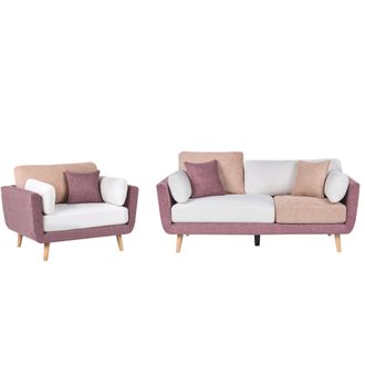 Beliani Conjunto De Sala De Estar Sof&aacute; Tapizado Repelente Al Agua De 4 Plazas Con Reposabrazos Y Sill&oacute;n Patas Macizas Cojines Adicionales Rosa Bolga