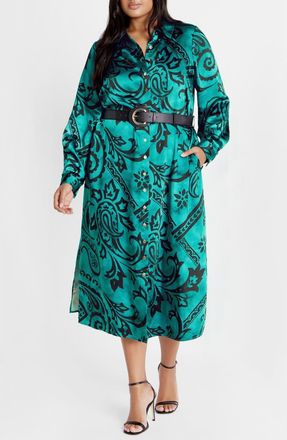 City Chic Sienna Paisley Long Sleeve Shirtdress at Nordstrom, Size Xxl